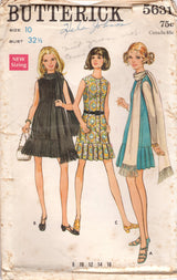 1960's Butterick One Piece Dress Pattern with Pleated Ruffle Bottom and Scarf  - Bust 32.5" - No. 5631