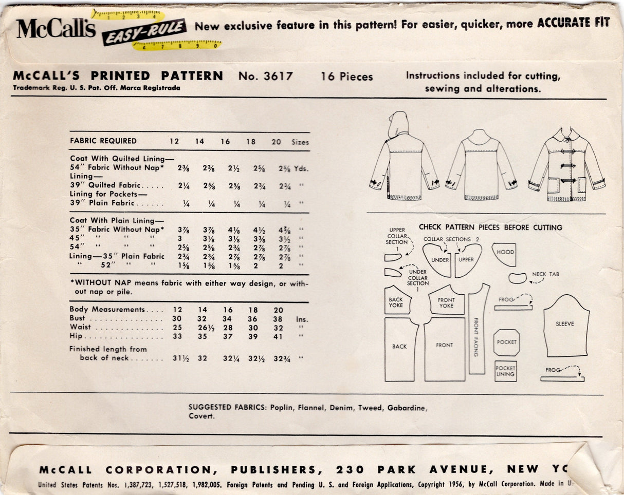 1950's McCall's Sport Coat with or without Attached Hood - Bust 30" - No. 3617