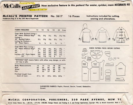 1950's McCall's Sport Coat with or without Attached Hood - Bust 30" - No. 3617