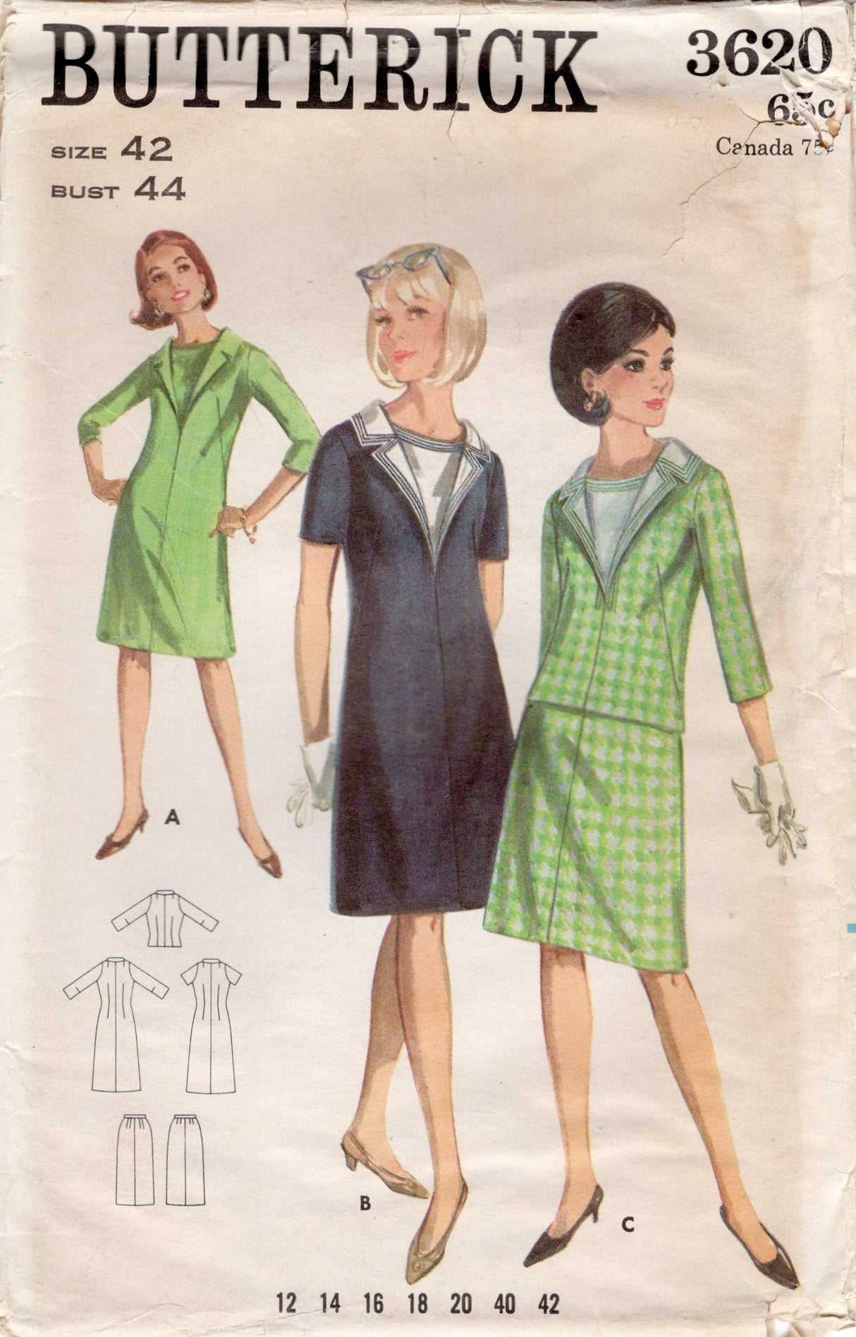 1960's Butterick Sheath Dress and Jacket Pattern - Bust 44" - No. 3620