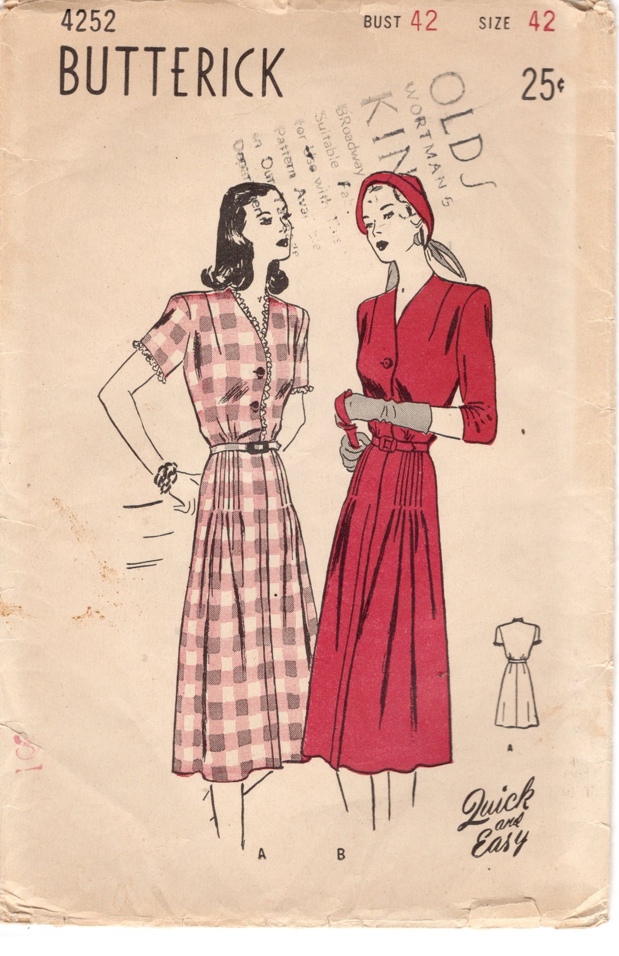 1940's Butterick Shirtwaist Dress with Tucked Front Skirt Pattern - Bust 42" - No. 4252