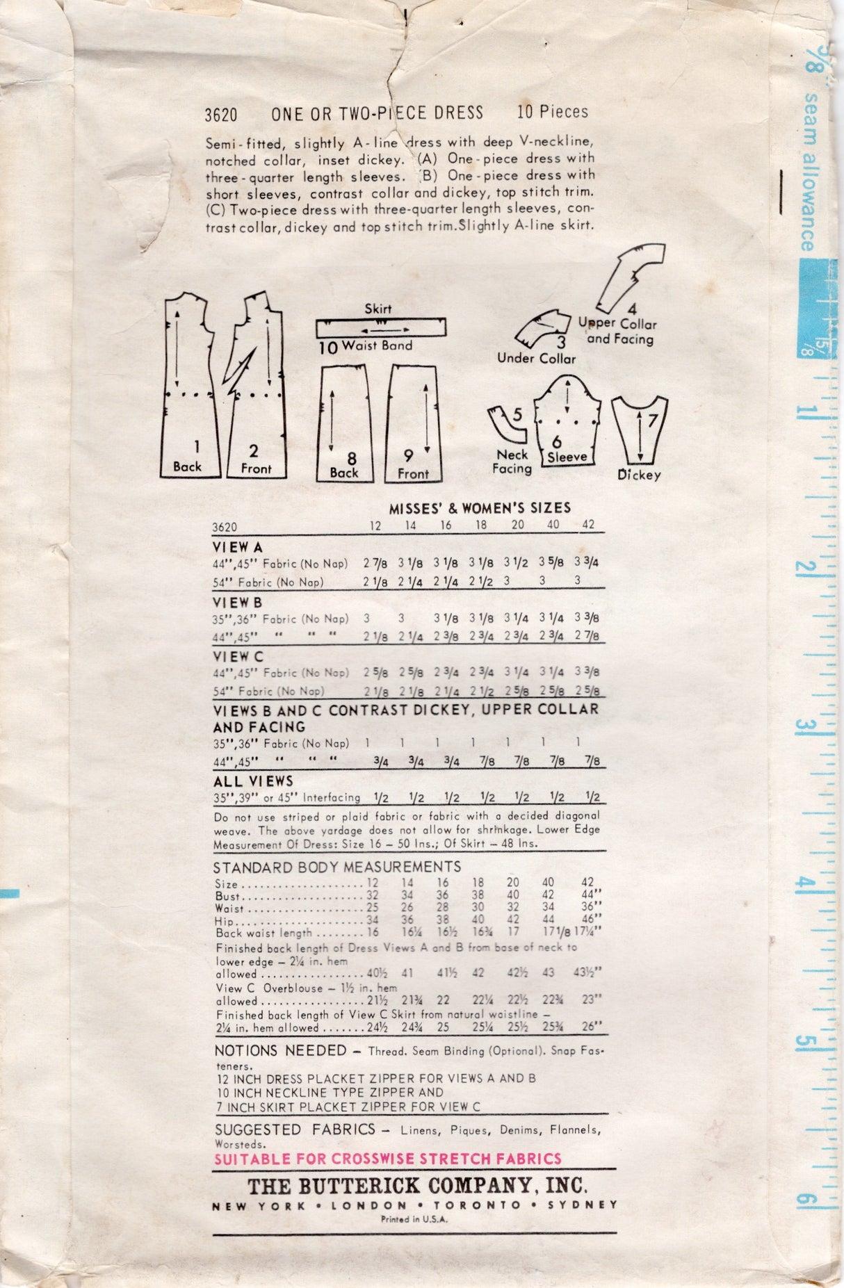 1960's Butterick Sheath Dress and Jacket Pattern - Bust 44" - No. 3620