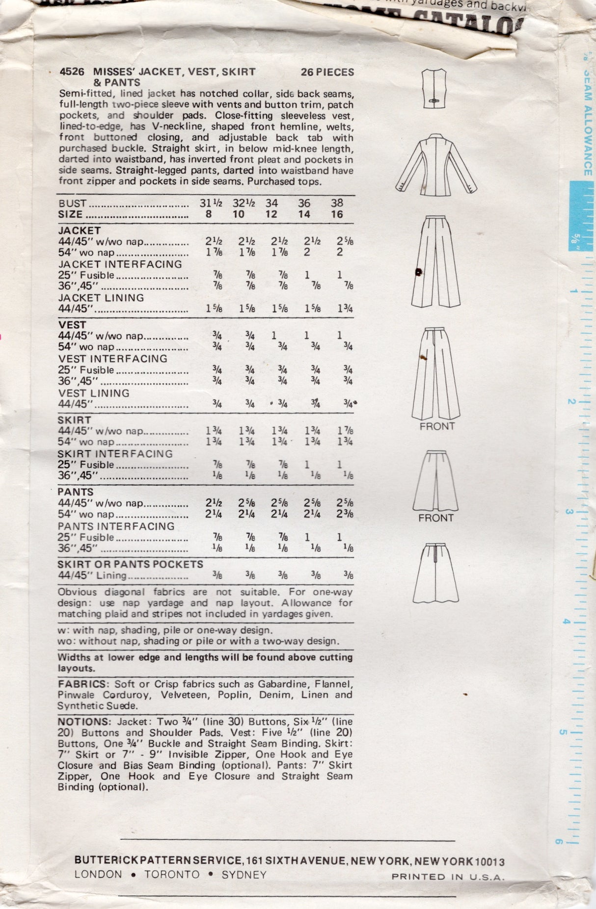 1970's Butterick Jacket, Vest, Skirt and Pants Pattern - Bust 38" - No. 4526
