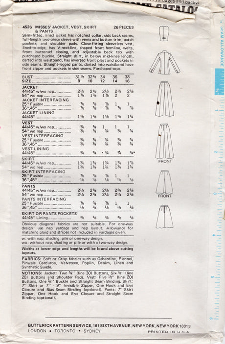1970's Butterick Jacket, Vest, Skirt and Pants Pattern - Bust 38" - No. 4526