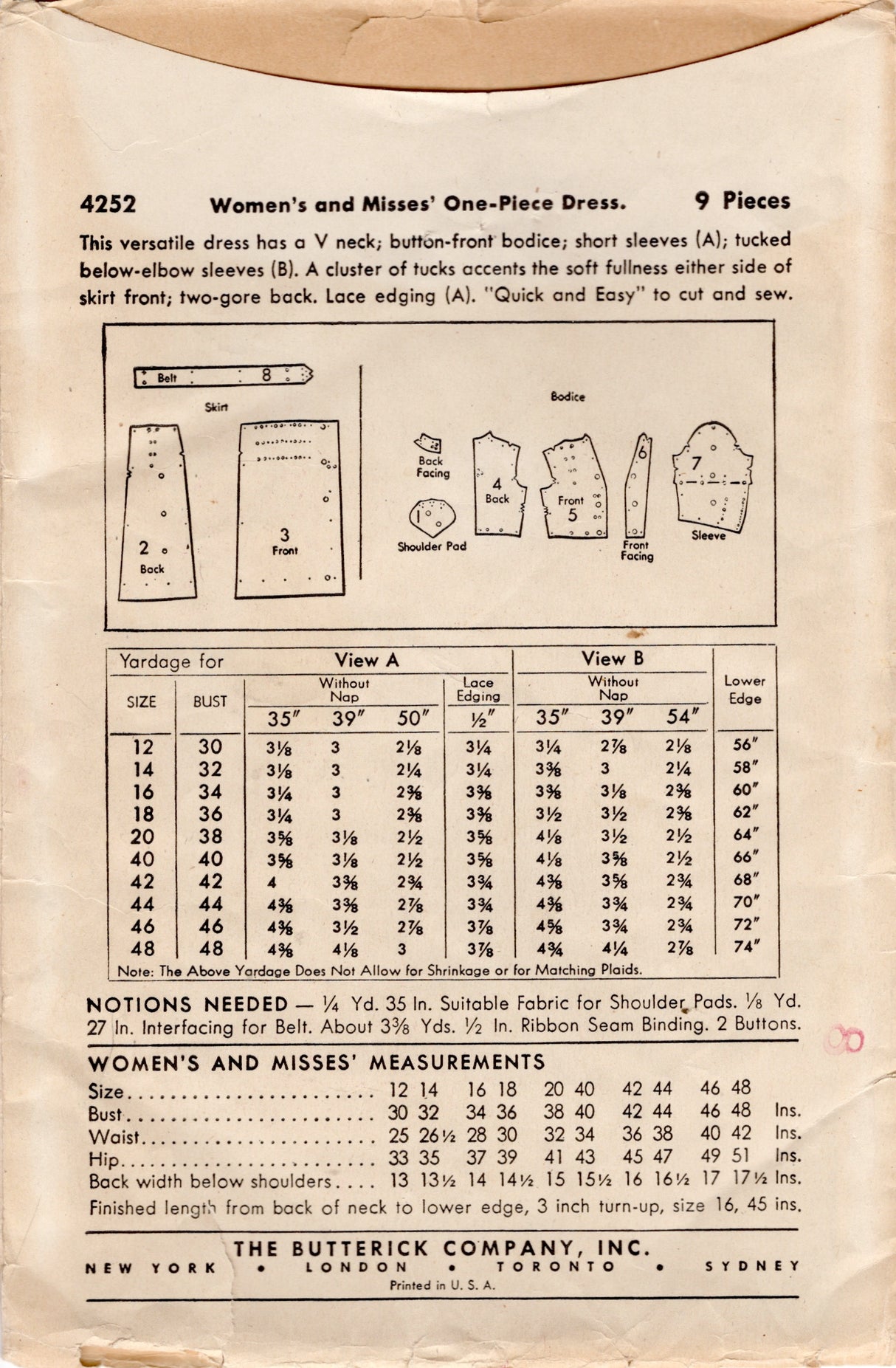 1940's Butterick Shirtwaist Dress with Tucked Front Skirt Pattern - Bust 42" - No. 4252