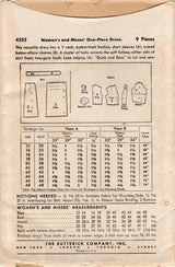 1940's Butterick Shirtwaist Dress with Tucked Front Skirt Pattern - Bust 42" - No. 4252