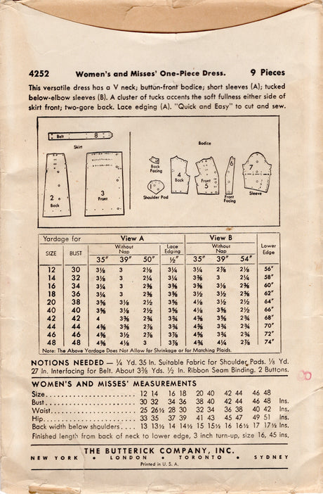 1940's Butterick Shirtwaist Dress with Tucked Front Skirt Pattern - Bust 42" - No. 4252