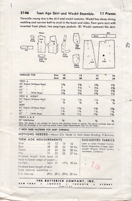 1950’s Butterick Weskit and Skirt with Pockets Pattern - Bust 28" - No. 5146