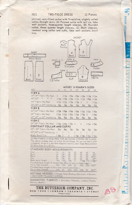 1960's Butterick Two Piece Dress Pattern - Bust 36" - No. 3621