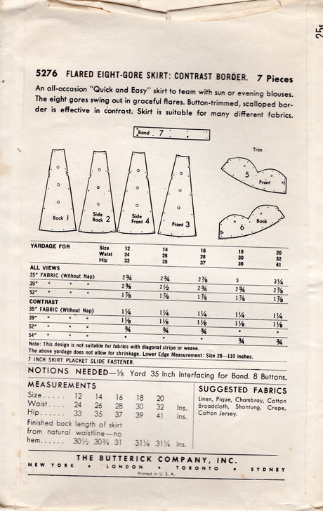 1950's Butterick Scallop edge Gored Skirt Pattern - Waist 26" - No. 5276