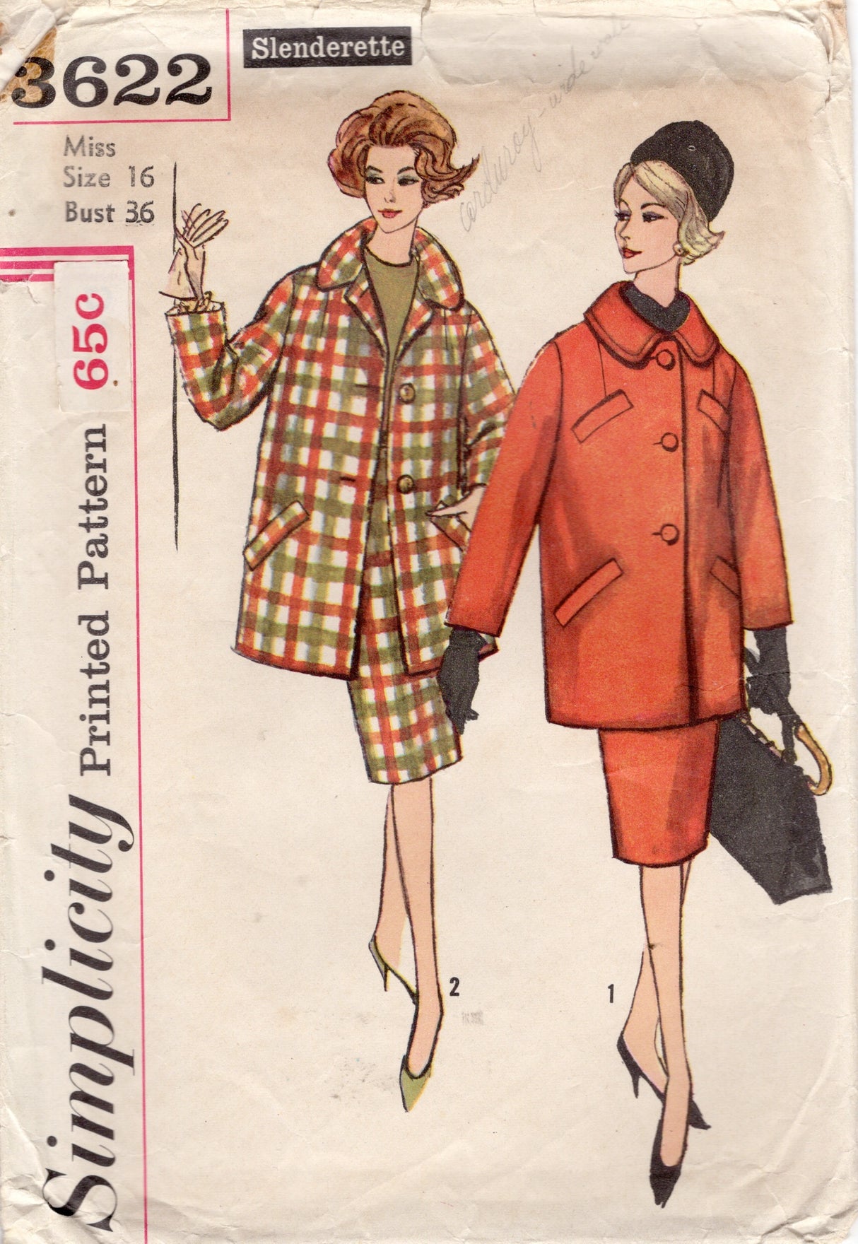 1960's Simplicity Two Piece Walking Suit Pattern - Bust 36" - No. 3622