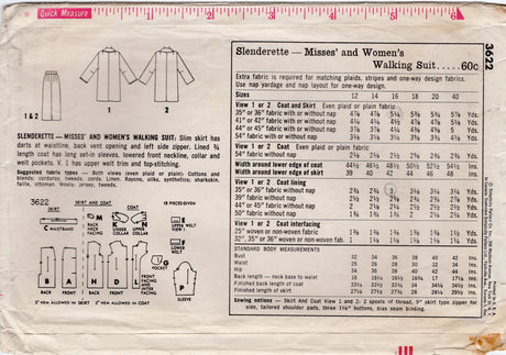 1960's Simplicity Two Piece Walking Suit Pattern - Bust 36" - No. 3622