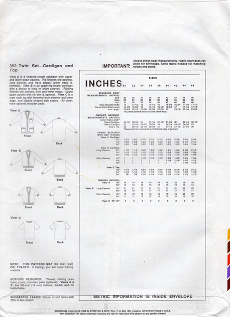 1980's Stretch & Sew Twin Set, Cardigan Sweater and Top pattern - Bust 30-46" - No. 363