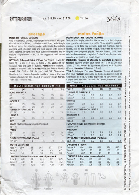 2000's Butterick Men's Making History Costume Collection Loose Fitting Robe and Hat, Double Breasted Jacket and Front Fall Pants Pattern - Chest 30-40" - No. 3648