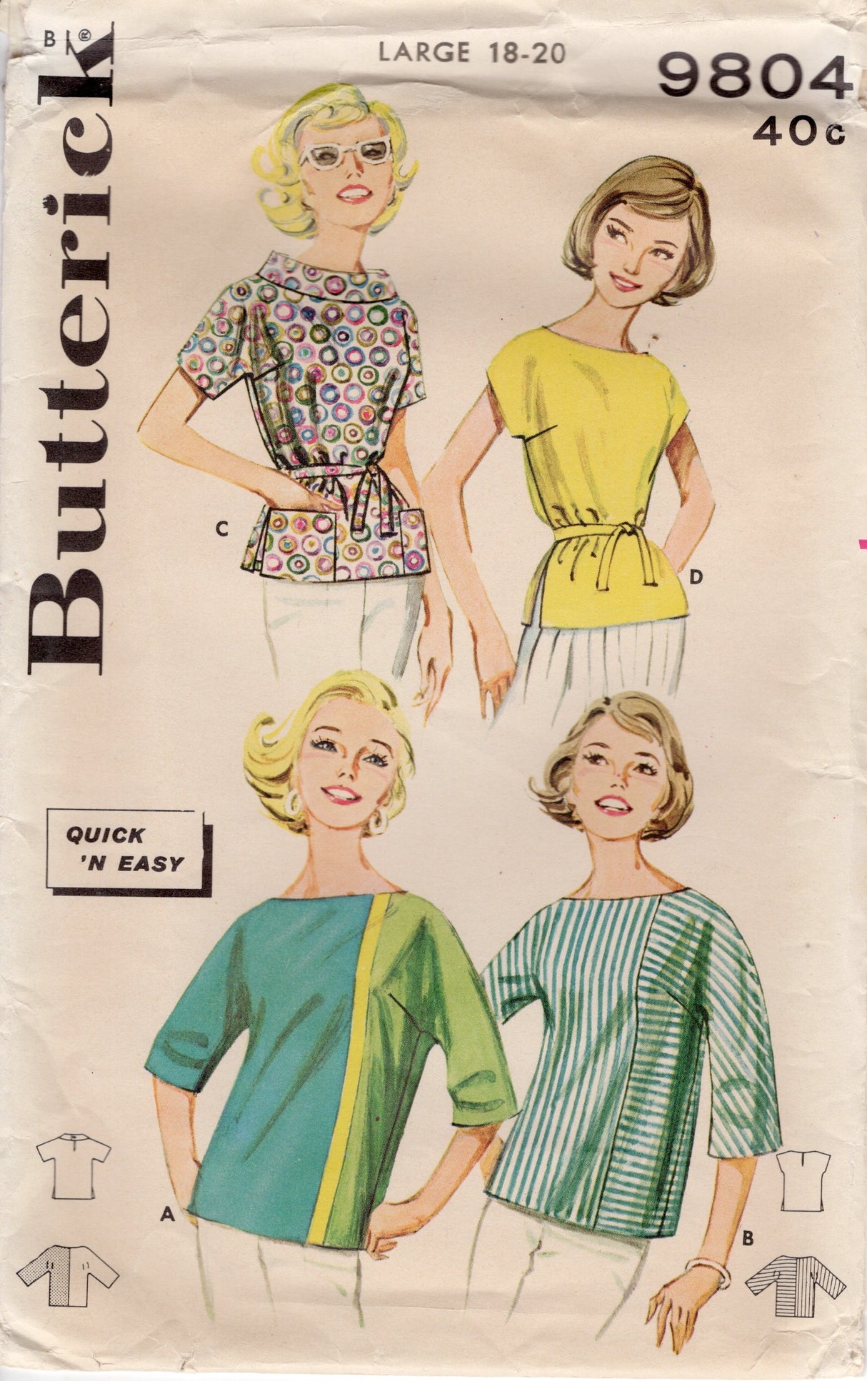 1960's Butterick Casual Overblouse with 4 views - Bust 38-40" - No. 9804