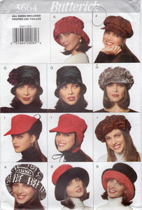 1990’s Butterick Hat Pattern in 10 styles - All Sizes - No. 3664