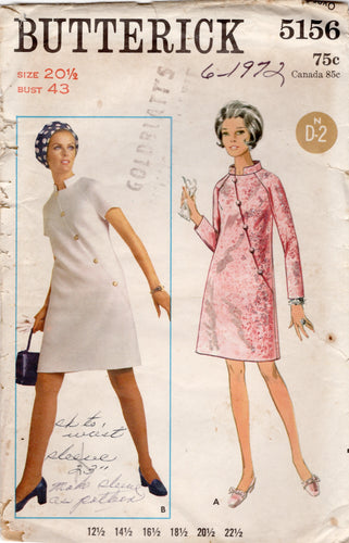 1960's Butterick Shift Dress with Diagonal Front Panel Pattern - Bust 43