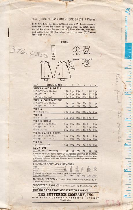 1960's Butterick Child's "Quick and Easy" Dress Pattern in Two Lengths - Chest 24" - No. 3667