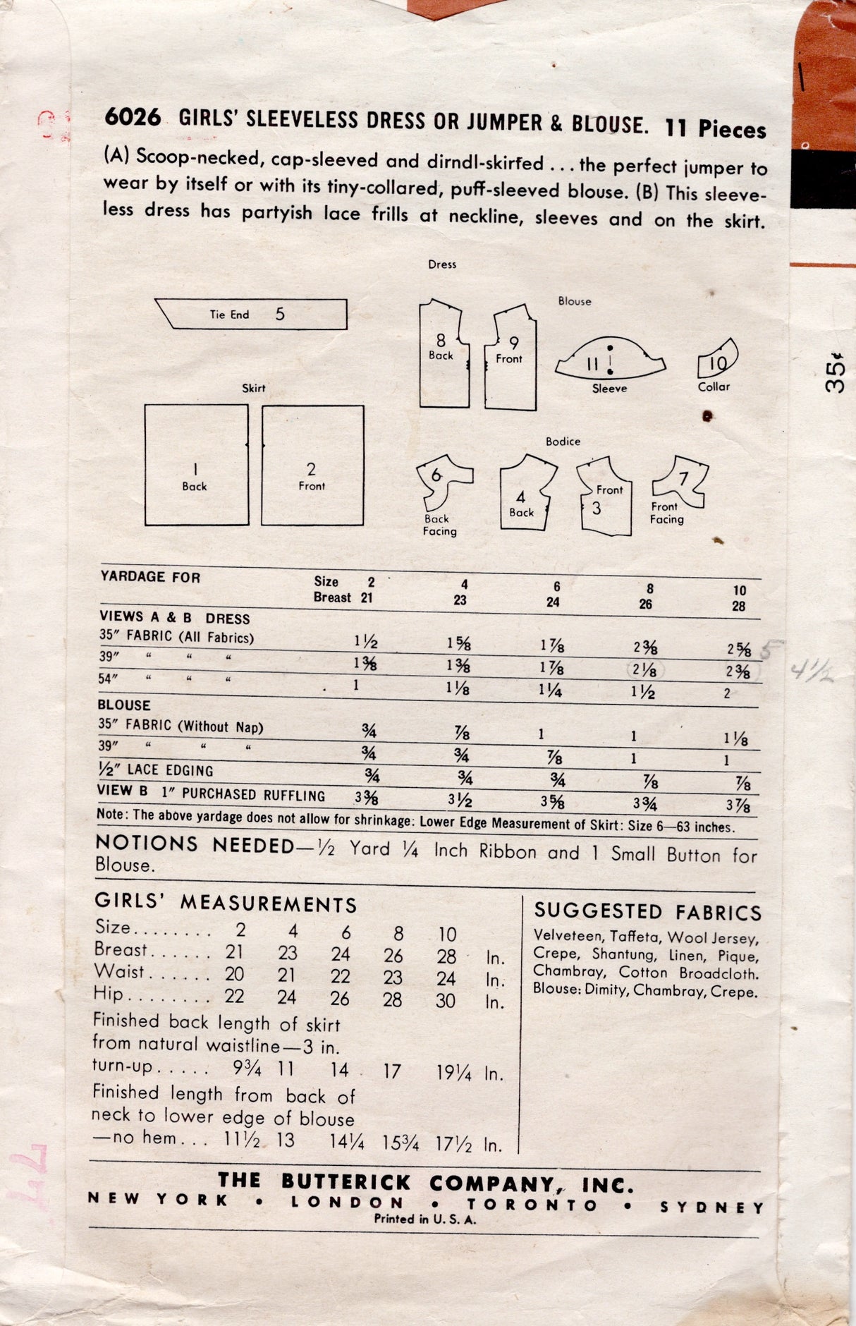 1950's Butterick Child's Sleeveless Jumper Dress and Blouse Pattern  - Chest 28" - No. 6026