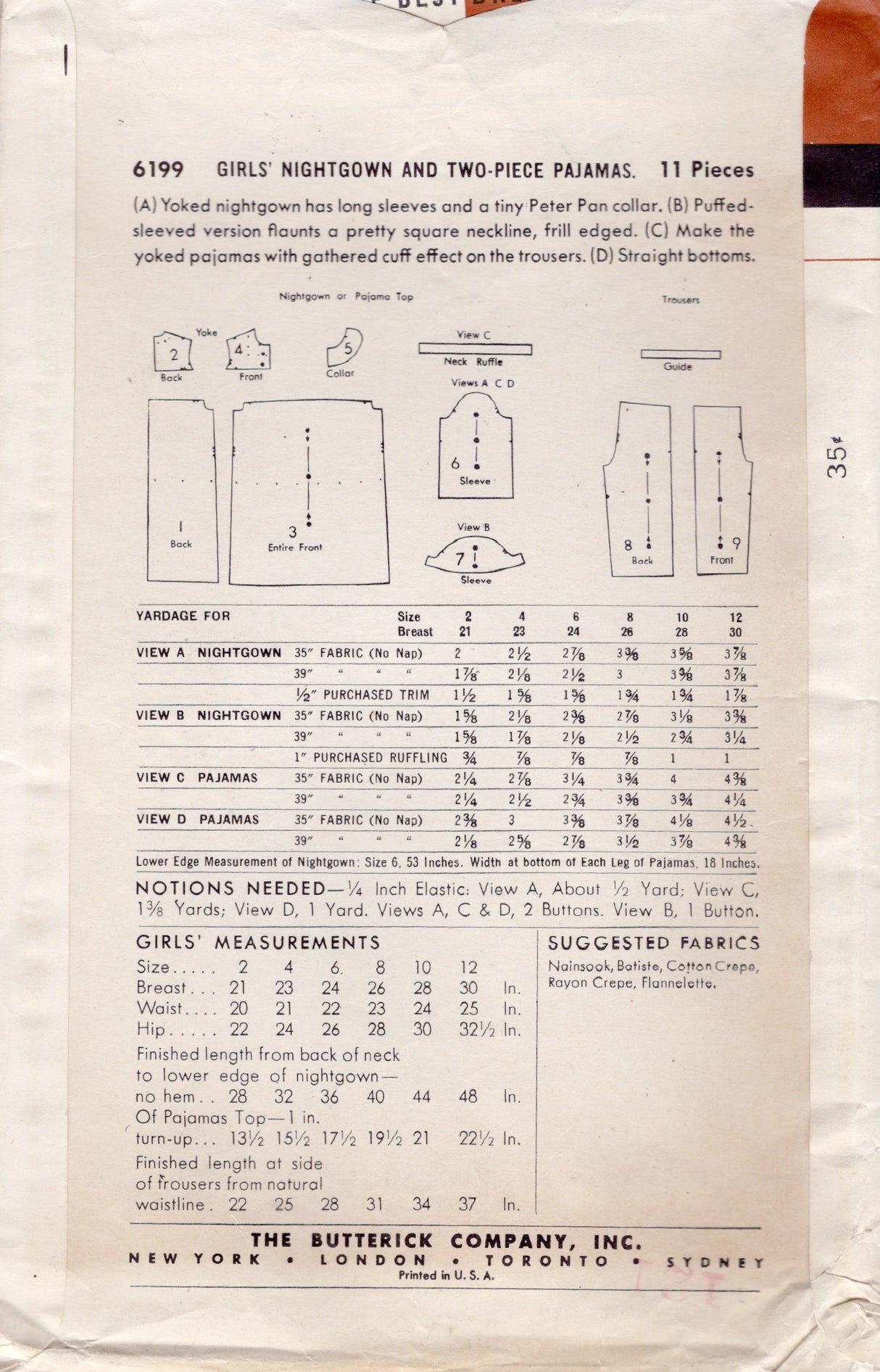 1950's Butterick Child's Nightgown and Two Piece Pajama Pattern  - Chest 26" - No. 6199