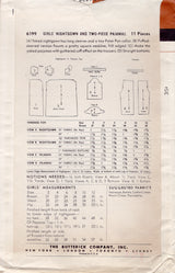 1950's Butterick Child's Nightgown and Two Piece Pajama Pattern  - Chest 26" - No. 6199