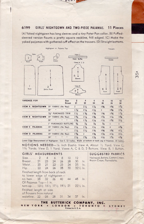 1950's Butterick Child's Nightgown and Two Piece Pajama Pattern  - Chest 26" - No. 6199