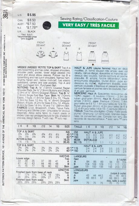 1980's Butterick Loose Fitting Button Up Top, Tank Top and Gathered Skirt Pattern - Bust 30.5-32.5" - No. 3674