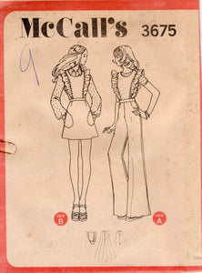 1970's McCall's Pinafore or Ruffle Sleeve Overalls Pattern  - Bust 32-33.5" - No. 3675