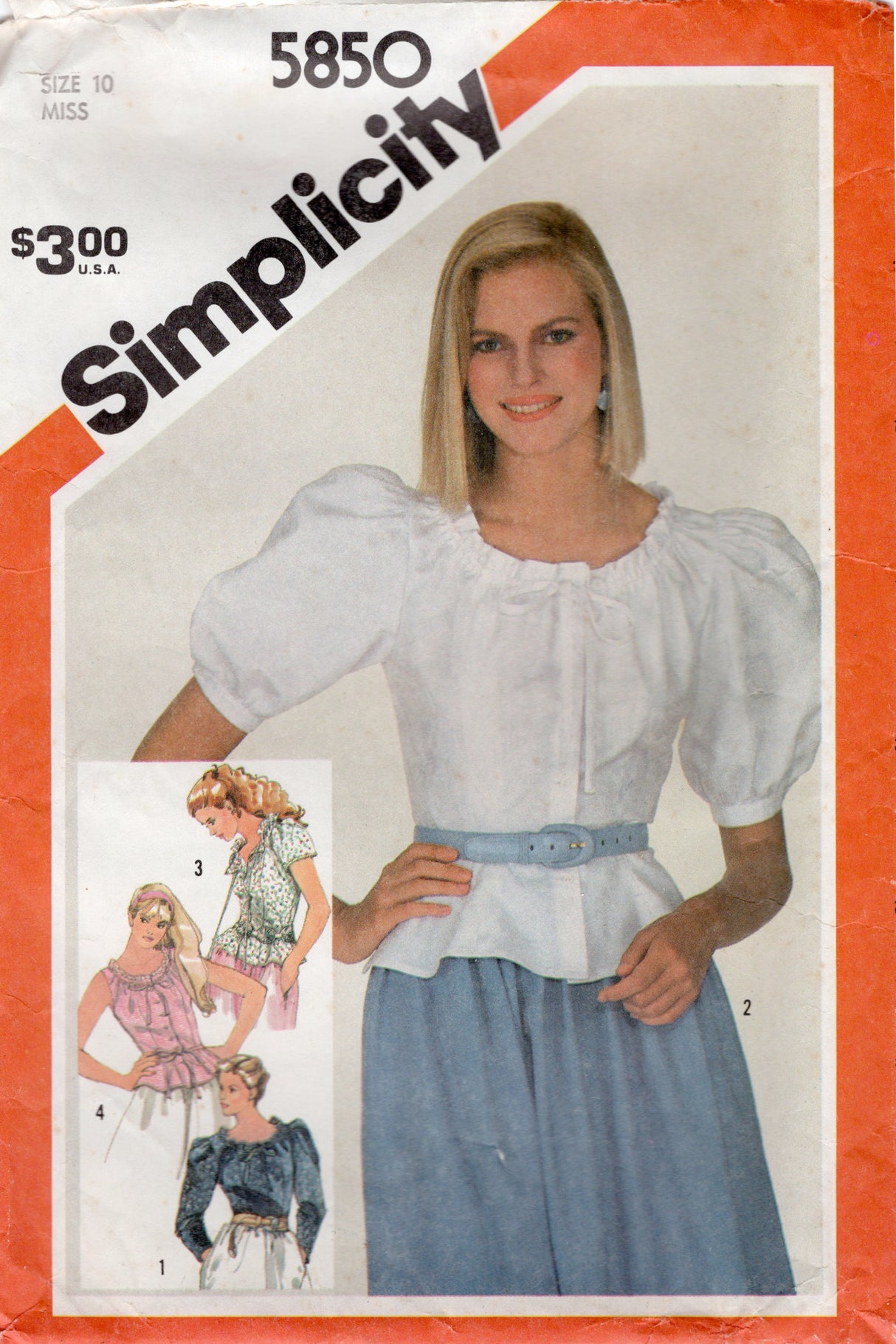 1980's Simplicity Princess line Button Up Blouse with 4 Sleeve Styles - Bust 32.5" - No. 5850