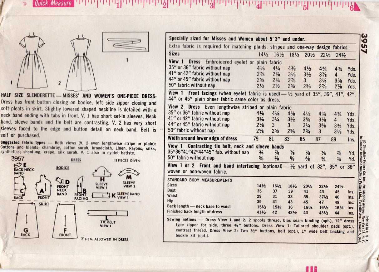 1960's Simplicity Shitwaist Dress with Banded Accent at Neckline Pattern- Bust 41" - No. 3957