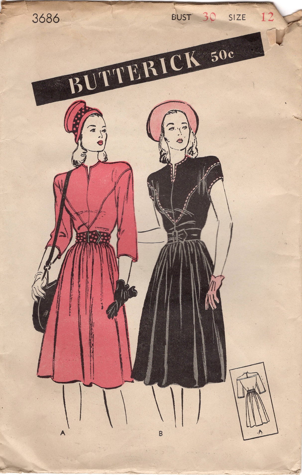 1940's Butterick One-Piece V Bodice Detail Dress Pattern - Bust 30" - no. 3686