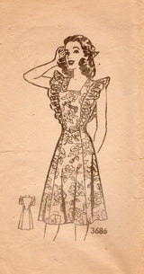 1940's American Weekly Pinafore Dress Pattern with Large Ruffle and Button Accent Waist - Bust 32" - No. 3686