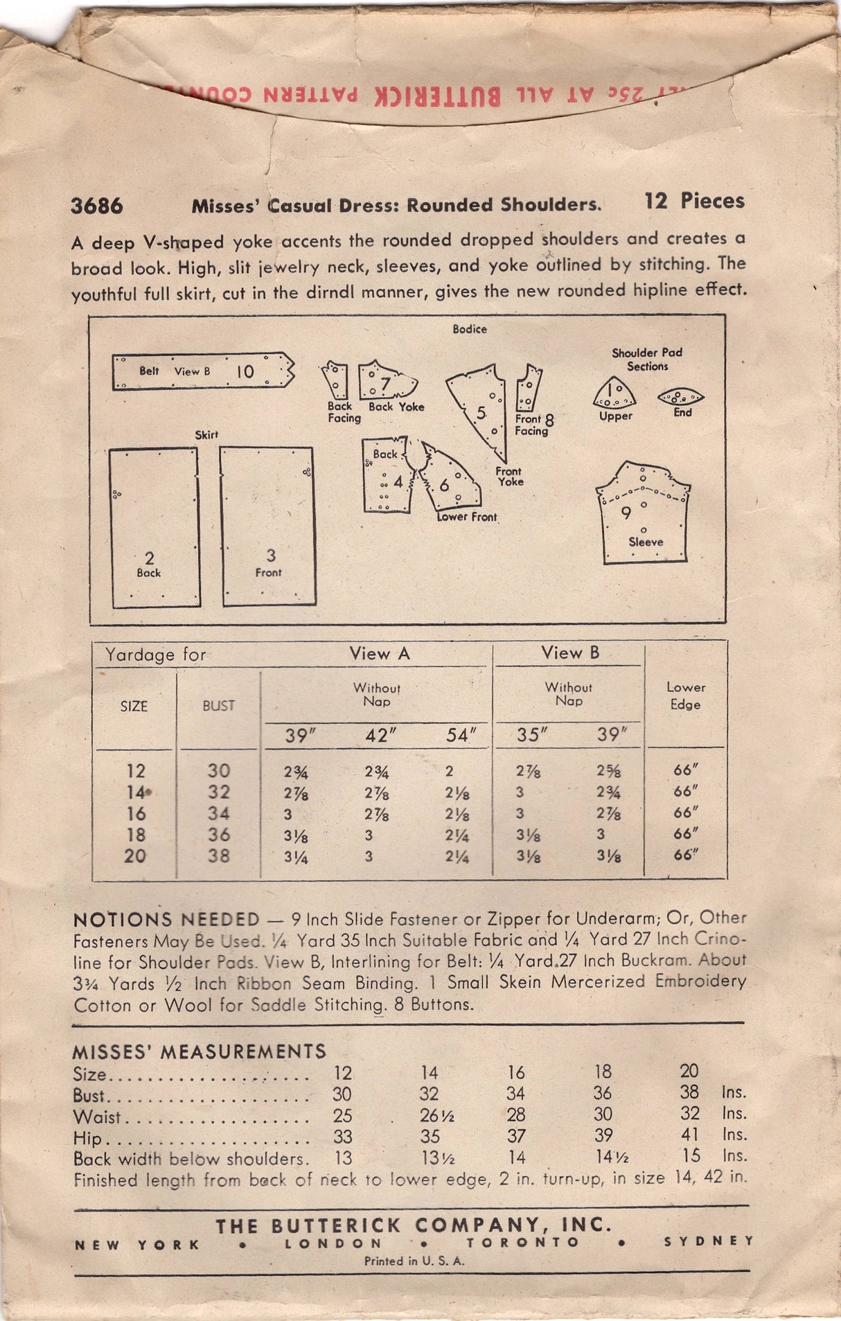 1940's Butterick One-Piece V Bodice Detail Dress Pattern - Bust 30" - no. 3686