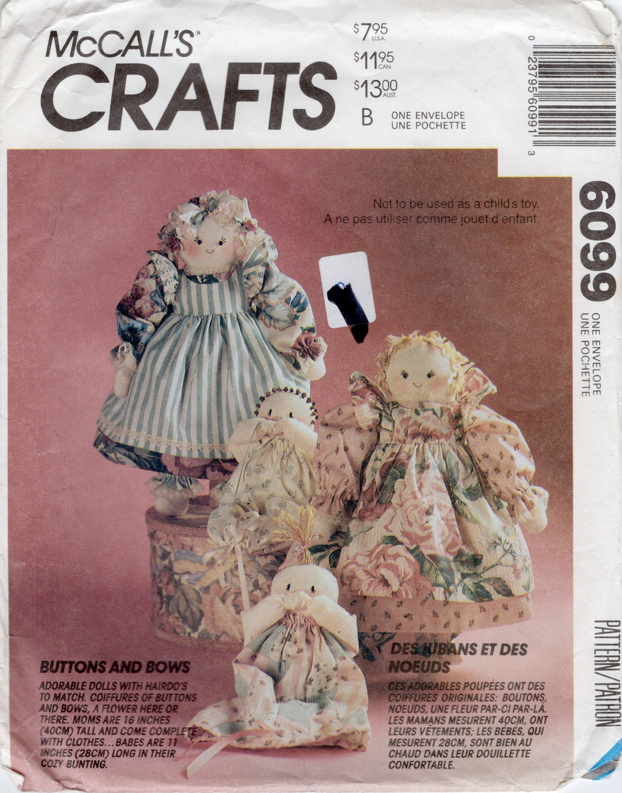 1990's McCall's Crafts Stuffed Doll and Clothing Pattern - 16 and 11" Doll - No. 6099