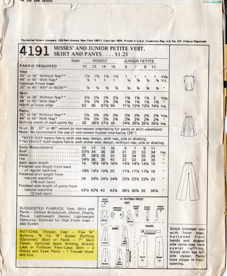 1970's McCall's Button Up Vest, Flared Skirt and Bell Bottom Pants Pattern - Bust 38" - No. 4191