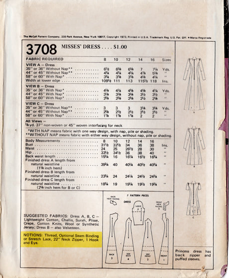 1970's McCall's Midi or Maxi Princess Line Dress with Sweetheart Neckline Pattern - Bust 31.5-34" - No. 3708