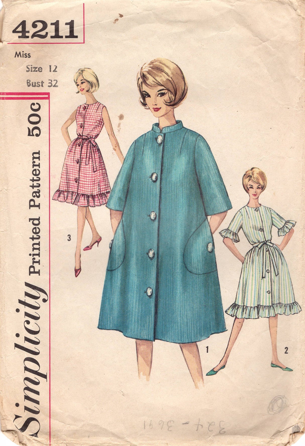 1960's Simplicity Housecoat or Housedress pattern with Large Pockets - Bust 32" - No. 4211