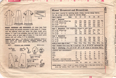 1960's Simplicity Housecoat or Housedress pattern with Large Pockets - Bust 32" - No. 4211