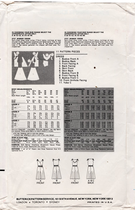 1980's Butterick Midi Dress with Gathered Waist and Shoulder Knots Pattern - Bust 36-40" - No. 3727