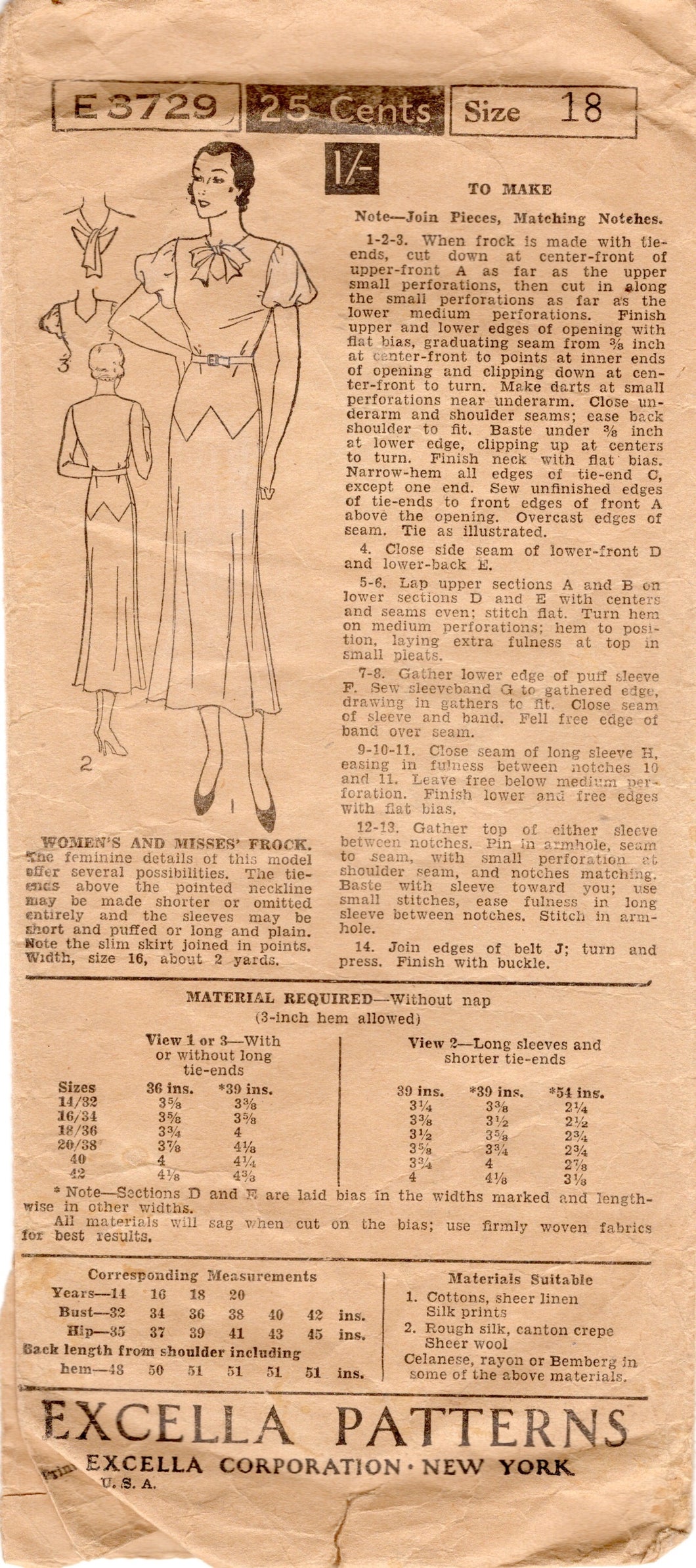 1930's Excella One Piece Drop Waist Pattern with optional Bow Neckline - Bust 34