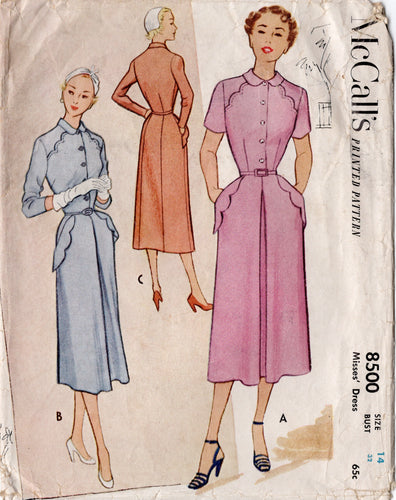 1950's McCall's Shirtwaist Dress Pattern with Scallop Yoke and Pocket details - Bust 32