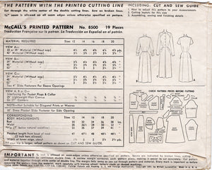 1950's McCall's Shirtwaist Dress Pattern with Scallop Yoke and Pocket details - Bust 32" - No. 8500