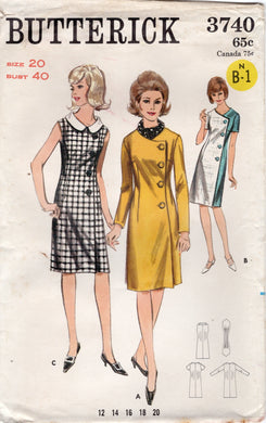 1960’s Butterick One Piece Dress Pattern with Asymmetrical Front - Bust 40” - No. 3740
