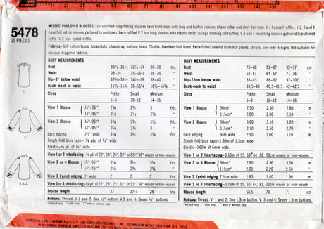 1980's Simplicity Pullover Blouse Pattern With Flutter or Long Sleeves - Bust 36-38" - No. 5478