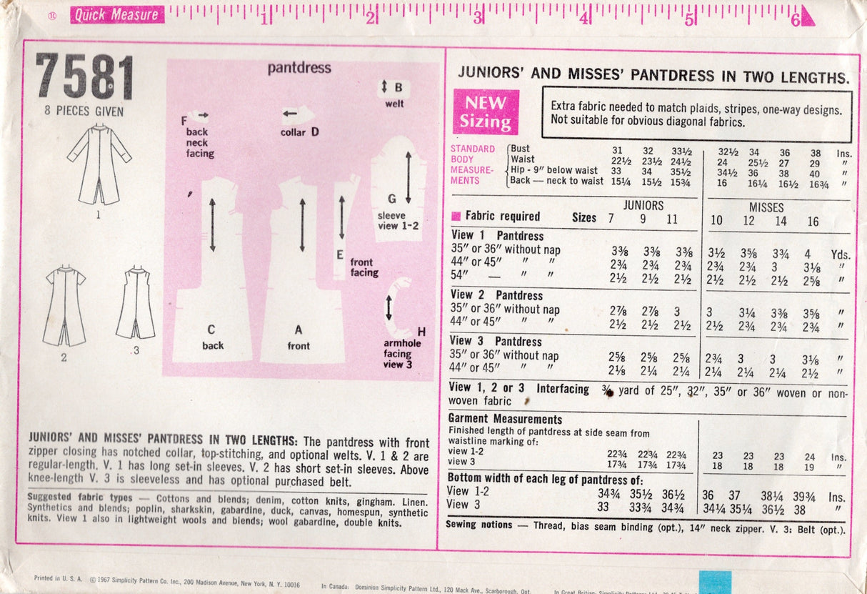 1960's Simplicity Romper (Pantdress) Pattern with two sleeve lengths - Bust 32.5" - No. 7581