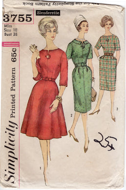 1960's Simplicity Slenderette Sheath or Fit and Flare Dress Pattern - Bust 38