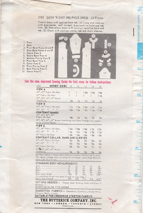 1960's Butterick T-Shirt Dress Pattern - Bust 38" - No. 3763