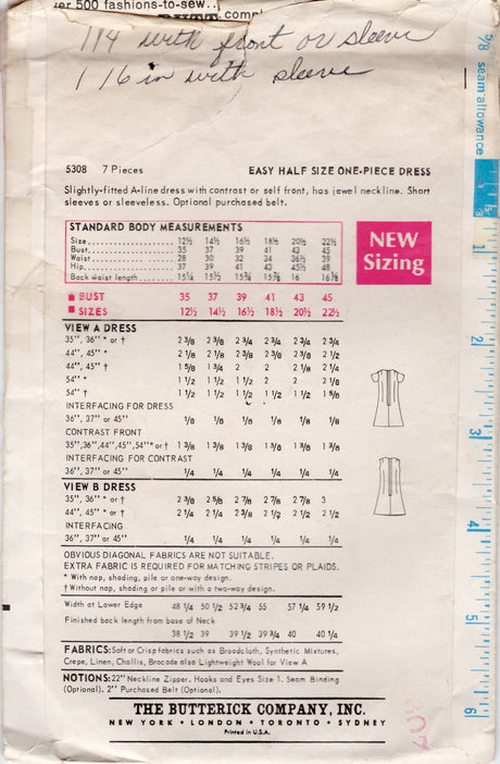 1960's Butterick Princess Line Dress Pattern - Bust 39" - No. 5308