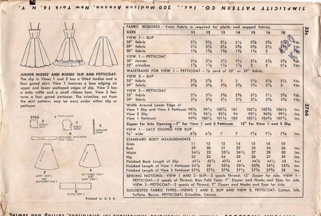 1950's Simplicity Full Slip and Flared Petticoat Pattern - Bust 31" - No. 3766