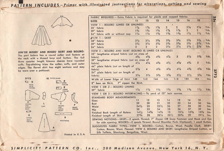 1950's Simplicity Gored Full Skirt and Cropped Bolero Jacket Pattern - Bust 34" - No. 3773